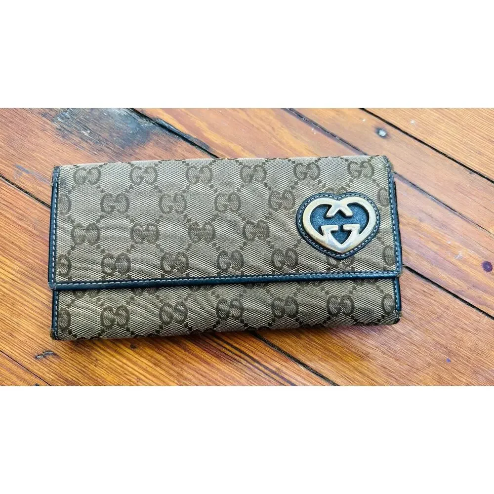 GUCCI Brown Tan GG Logo Canvas Leather Heart Jacquard Leather Trim Wallet